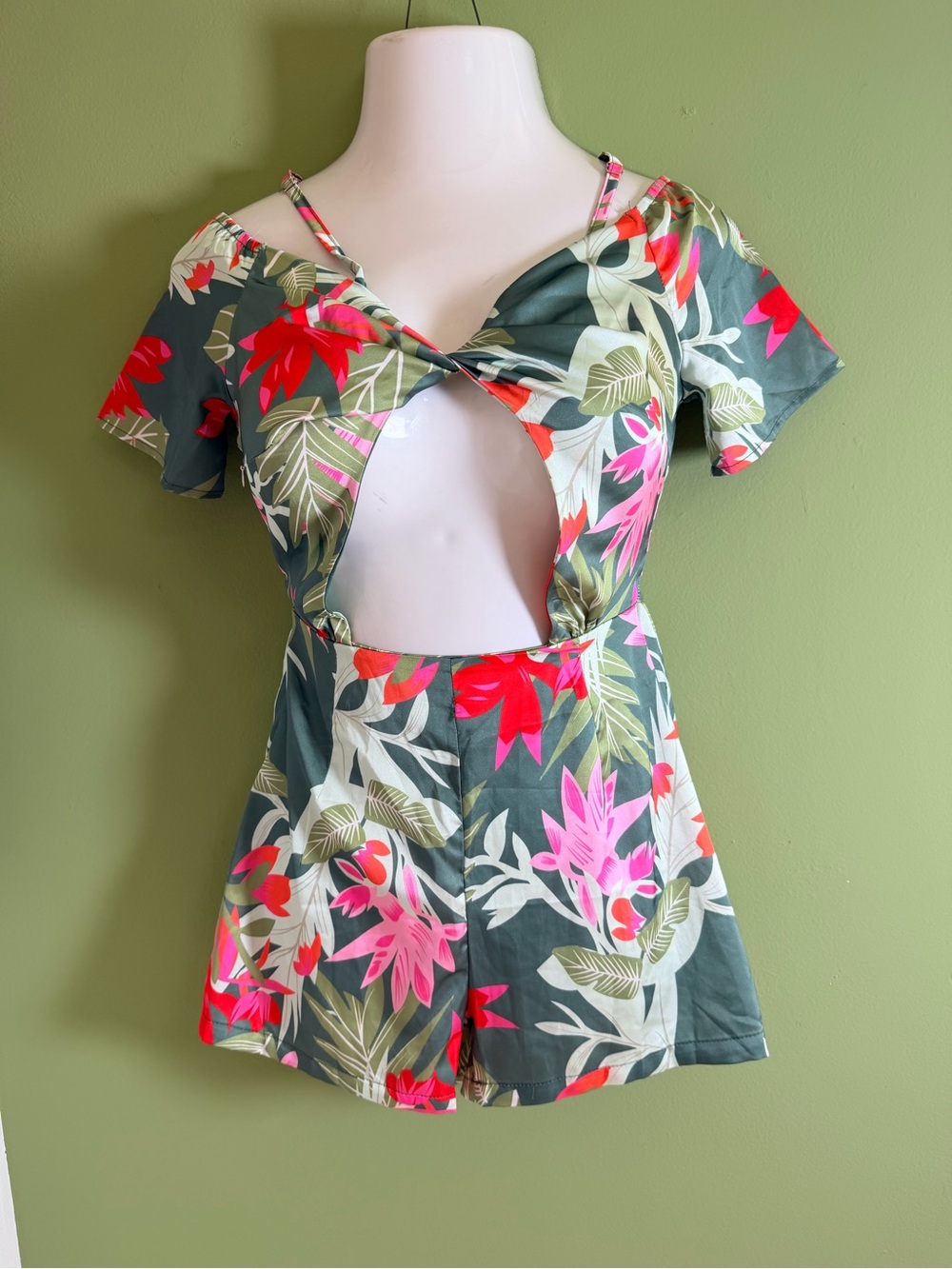 Beachy Green Tropical Floral Cutout Swim Romper with Pink Accents - Picture 5 of 9